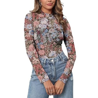 Gleeneat Womens Mesh Floral Long Sleeve Tops Lace Undershirt Mock Neck Going Out Sheer Blouses 20... | Amazon (US)