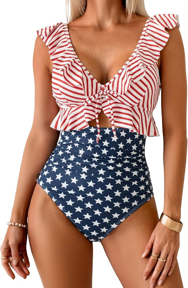Eomenie One Piece Swimsuit for Women Tummy Control Ruffle Bathing Suit V Neck Ruched Swim Suit Sl... | Amazon (US)