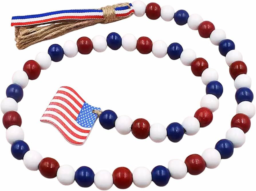 4th of July Wood Bead Garland Decorations with Tassels, 39.4 inch Independence Day Patriotic Hang... | Amazon (US)