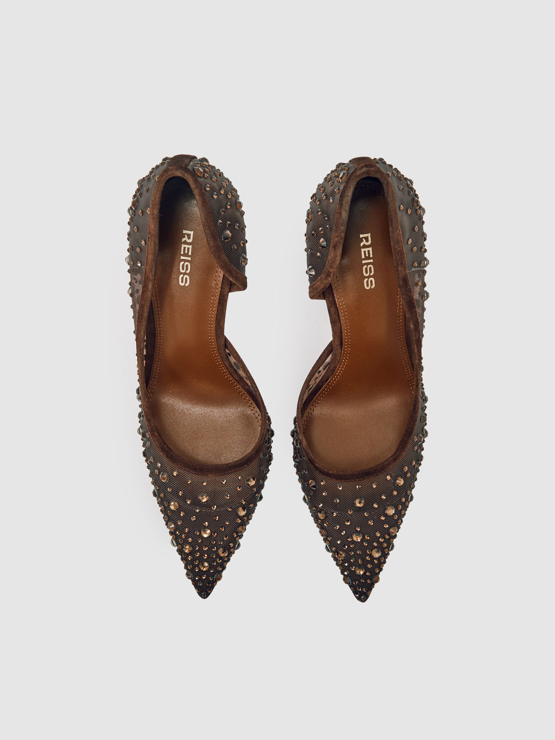 Reiss Crystal-Embellished Mesh Court Shoes in Chocolate - REISS | Reiss UK