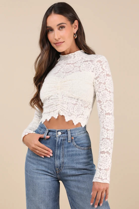 Exquisite Essential Ivory Fuzzy Lace Ruched Long Sleeve Top | Lulus