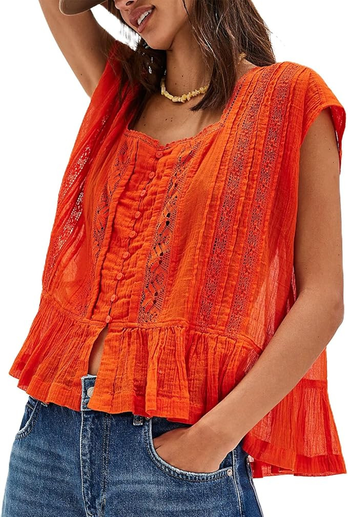 Women Y2k Semi Sheer Blouse Shirt Lace Trim Button Down Short Sleeve Round Neck Casual Going Out ... | Amazon (US)