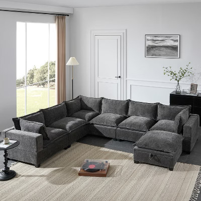 118"W U-Shaped Modular Sectional Sofa with Movable Storage Ottoman, 7-Seat Oversized Chenille Couch for Living Room & Apartment, Gray -ModernLuxe | Target