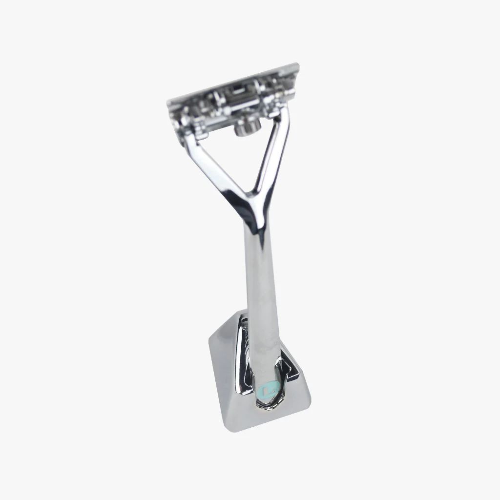Leaf Shave Co. Sustainable Zinc & Stainless Steel Pivoting Head Razor & Stand - Chrome | Package Free Shop