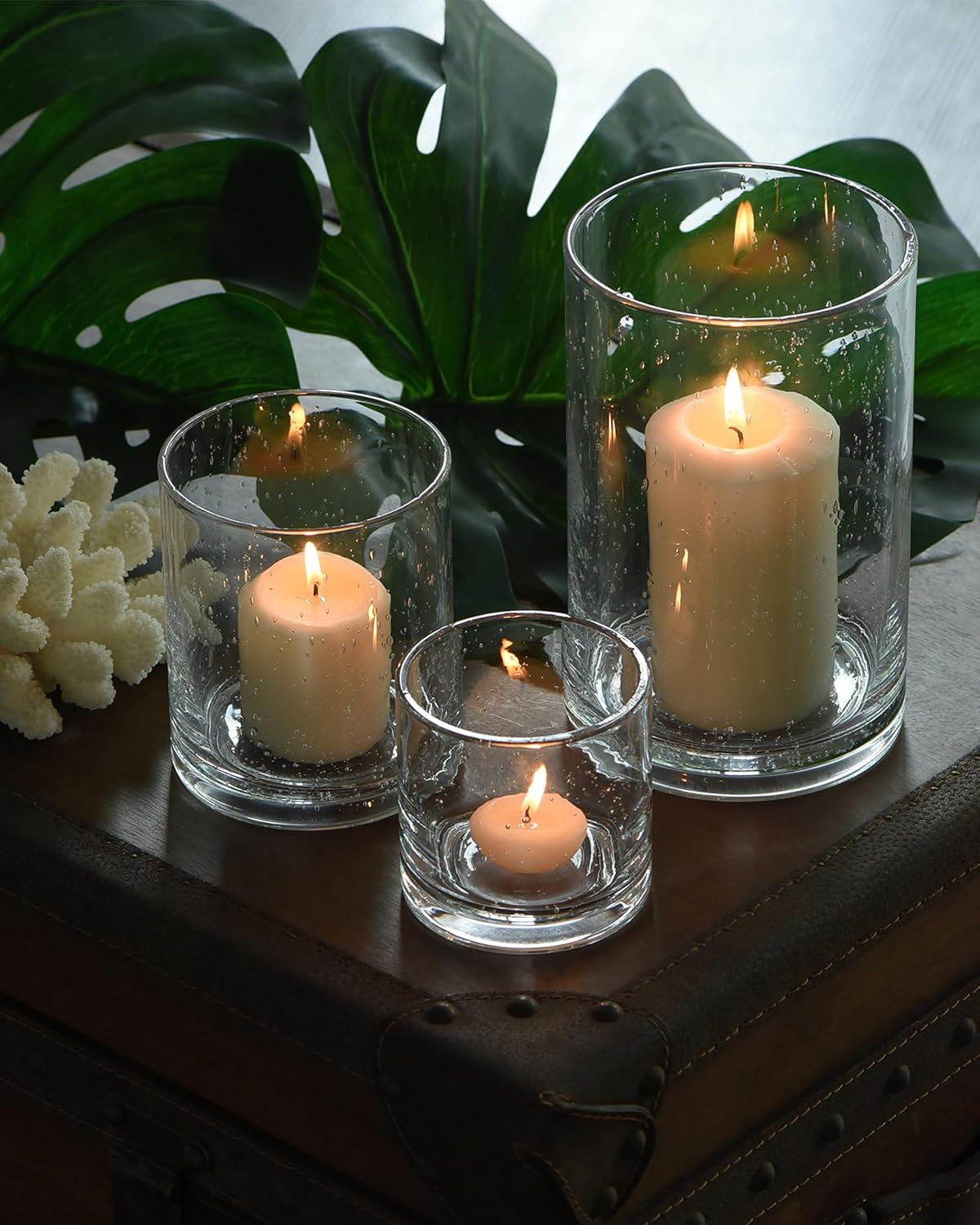 ARIAMOTION Candle Holders Set, Pillar Votive,Seeded Glass Clear Bubbles Cylinder Hurricane Vase,Modern Rustic Centerpieces Bulk, 3 Sizes 8“+5”+3.5“ Height | Amazon (US)