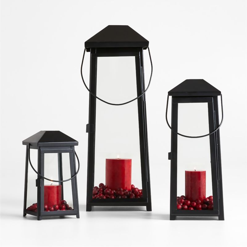 Petaluma Metal Candle Lantern Collection with Cranberry Bowl Filler | Crate & Barrel | Crate & Barrel