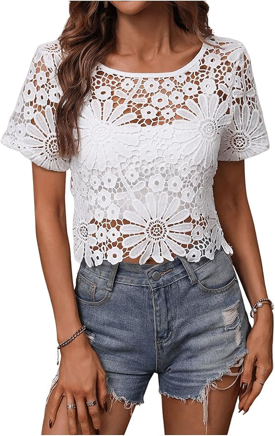 MakeMeChic Women's Floral Guipure Lace Sheer See Through Short Sleeve Round Neck Crop Top Tee Shi... | Amazon (US)