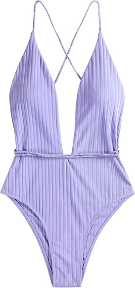 ZAFUL Women’s Ribbed One Piece Swimsuit Deep V Neck Bathing Suit Crisscross Back Self Tie Monok... | Amazon (US)