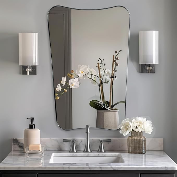 ANDY STAR Brushed Nickel Mirror for Bathroom, 24x36 Wavy Mirror with Stainless Steel Silver Metal... | Amazon (US)