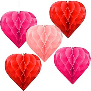 Valentine's Day Party Decoration Set - 5 Pack 12in Heart Honeycomb & Ball Tissue Paper Pom Poms i... | Amazon (US)