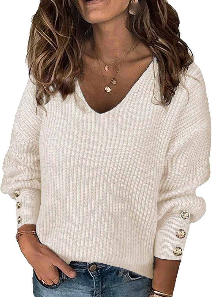 SunnyMelody Womens Dressy V Neck Button Long Sleeve Sweater Fall 2025 Ribbed Knit Pullover Tops -... | Amazon (US)