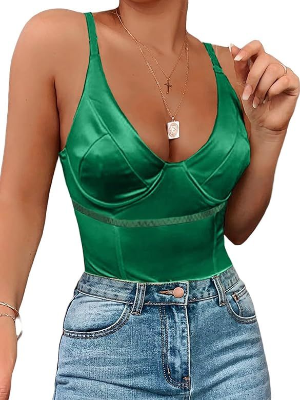 Sexy Neon Corset Top for Women Deep V Neck Satin Bodysuit Going Out Tank Tops | Amazon (US)