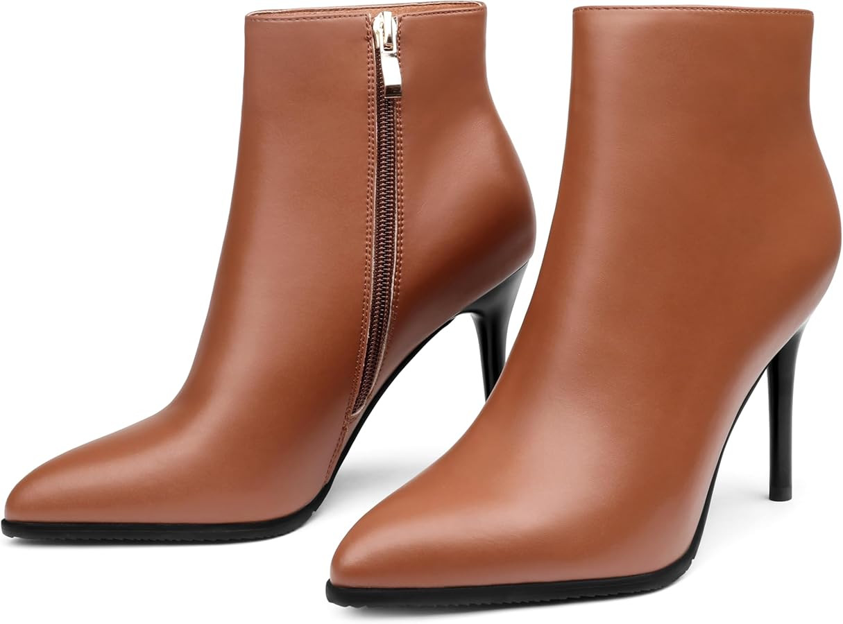COLETER Women's Leather Ankle Boots Thin Heels Pointy Toe Zipper Daily Wear Booties | Amazon (US)
