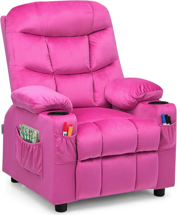 COSTWAY Larger Kids Recliner Chair, Adjustable Lounge Recliner, Velvet Fabric, Pink | Amazon (US)