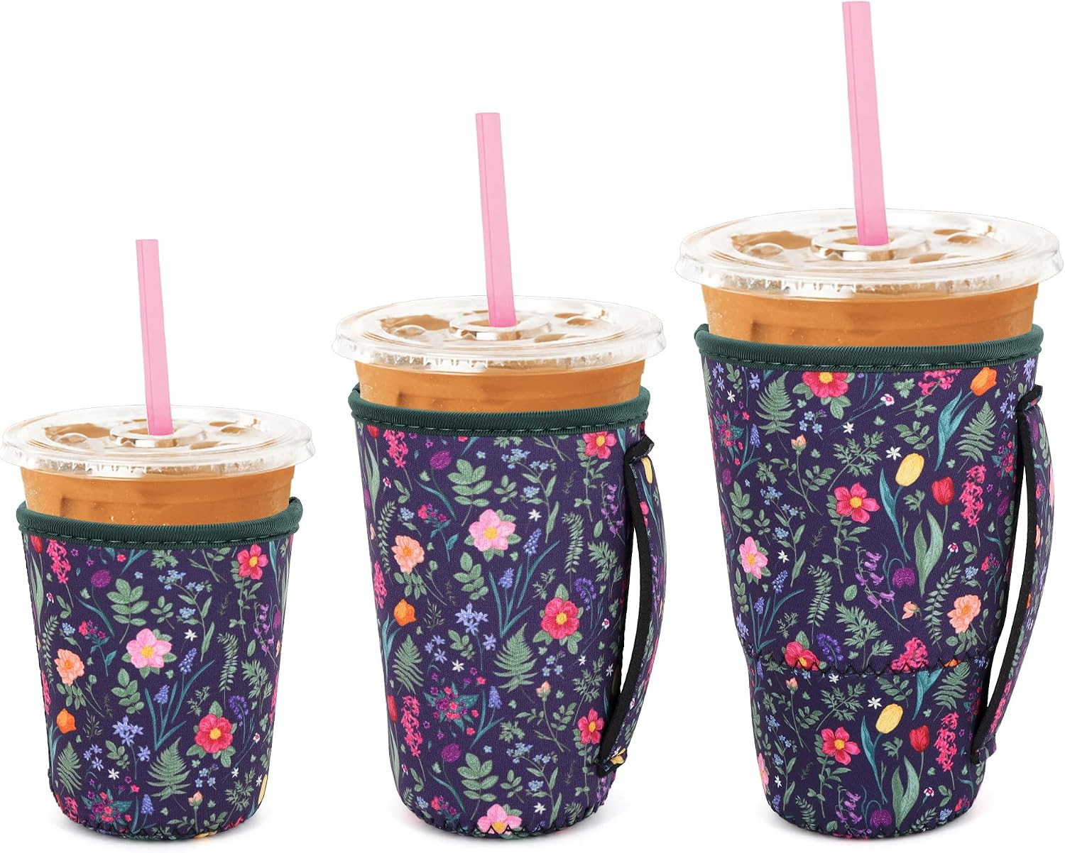 3 Pack Iced Coffee sleeve Insulated Neoprene Cup Sleeves with handle For Cold Drinks Beverages, Reusable Cup Holder for 16oz-32oz Coffee Cups (Vintage Flowers) | Amazon (US)