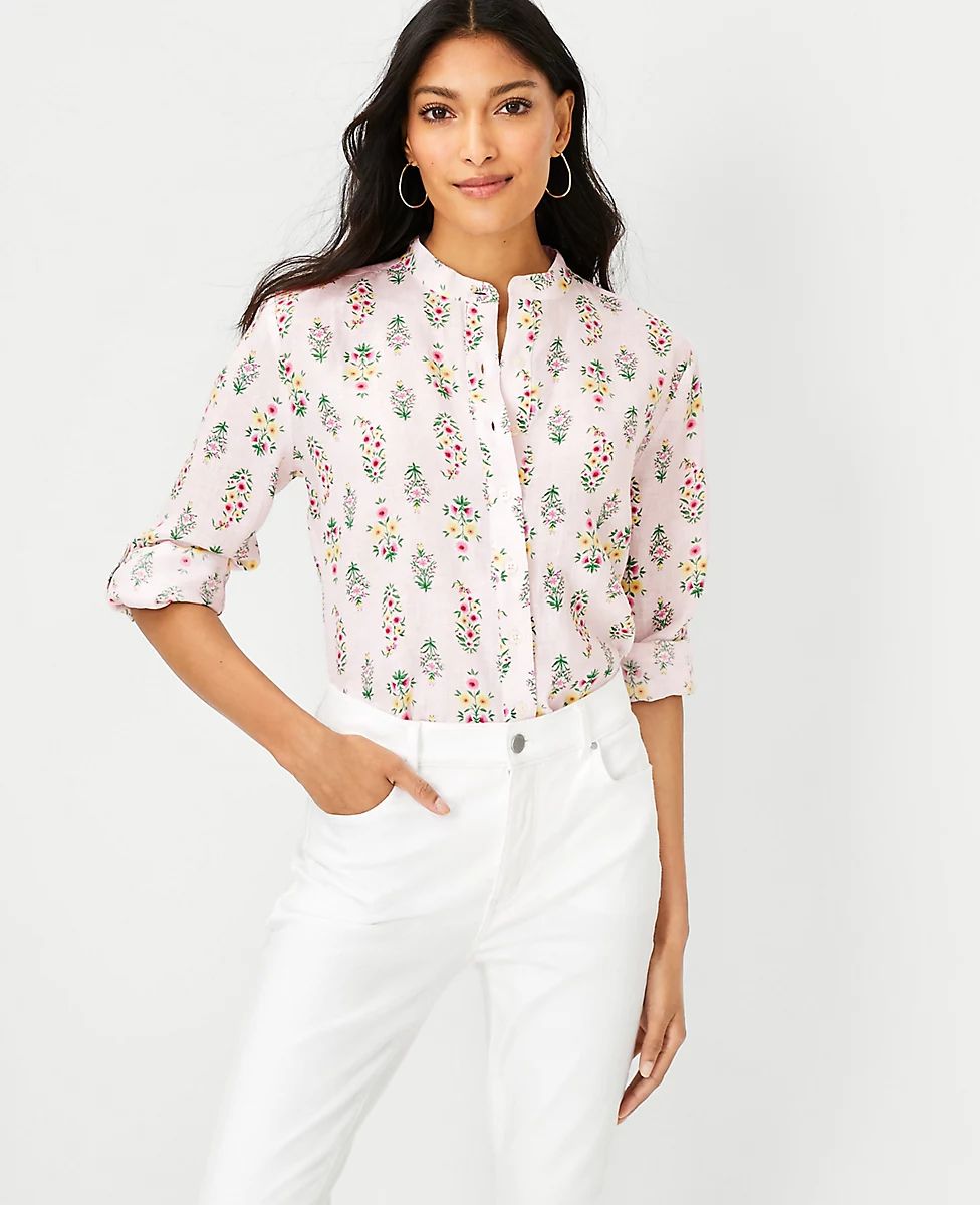 Floral Relaxed Roll Tab Pure Linen Shirt | Ann Taylor (US)