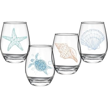 Ocean Themed Stemless Wine Glasses, Set of 4 Seashore Glassware - Sea Turtle, Starfish, Seashell,... | Amazon (US)