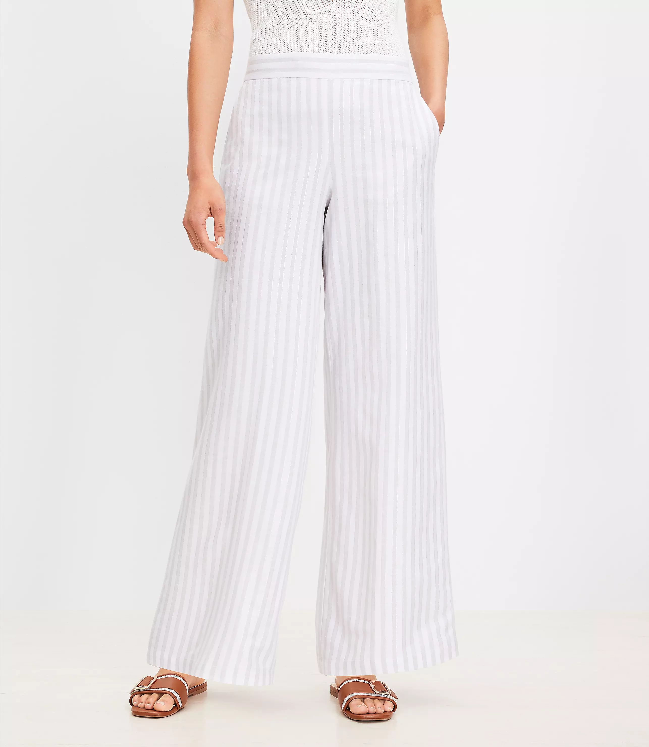 Petite Pull On Wide Leg Pants in Striped Linen Blend | LOFT