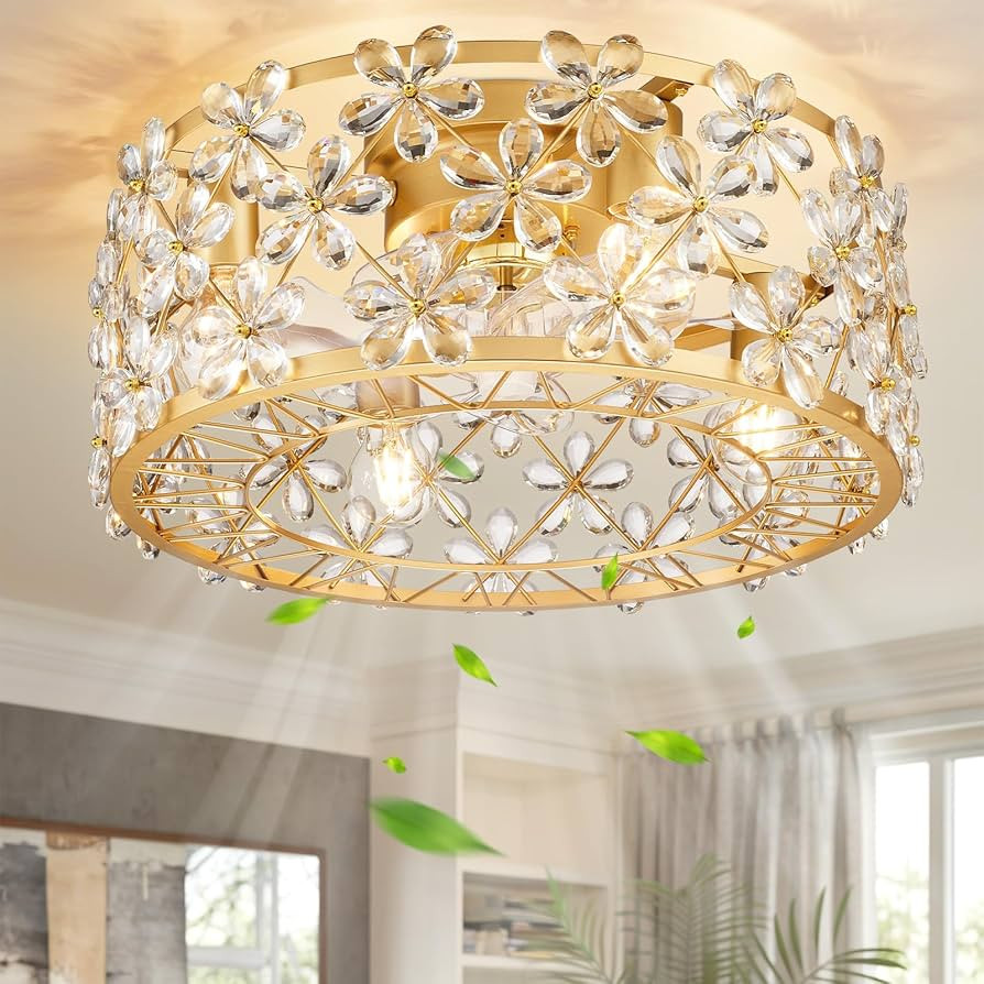 Gold Flower Fandelier Ceiling Fan with Light and Remote, 18 Inch Crystal Chandelier Fan, Flush Mo... | Amazon (US)