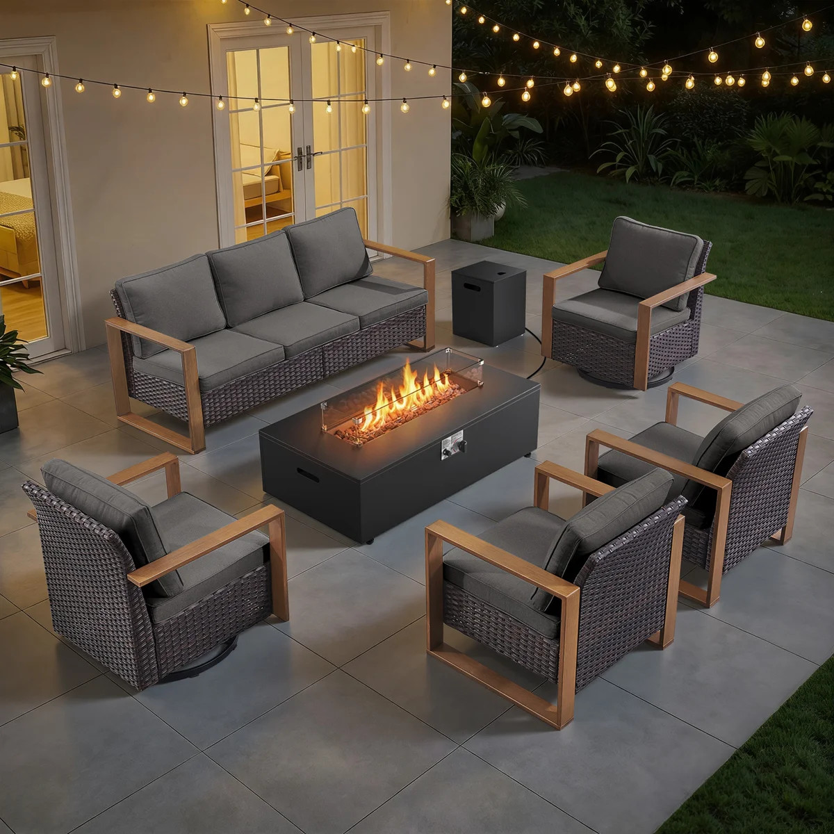 Drazen 7 - Person Patio Furniture Set With Fire Pit Table, All-Weather Wicker Outdoor Conversatio... | Wayfair North America