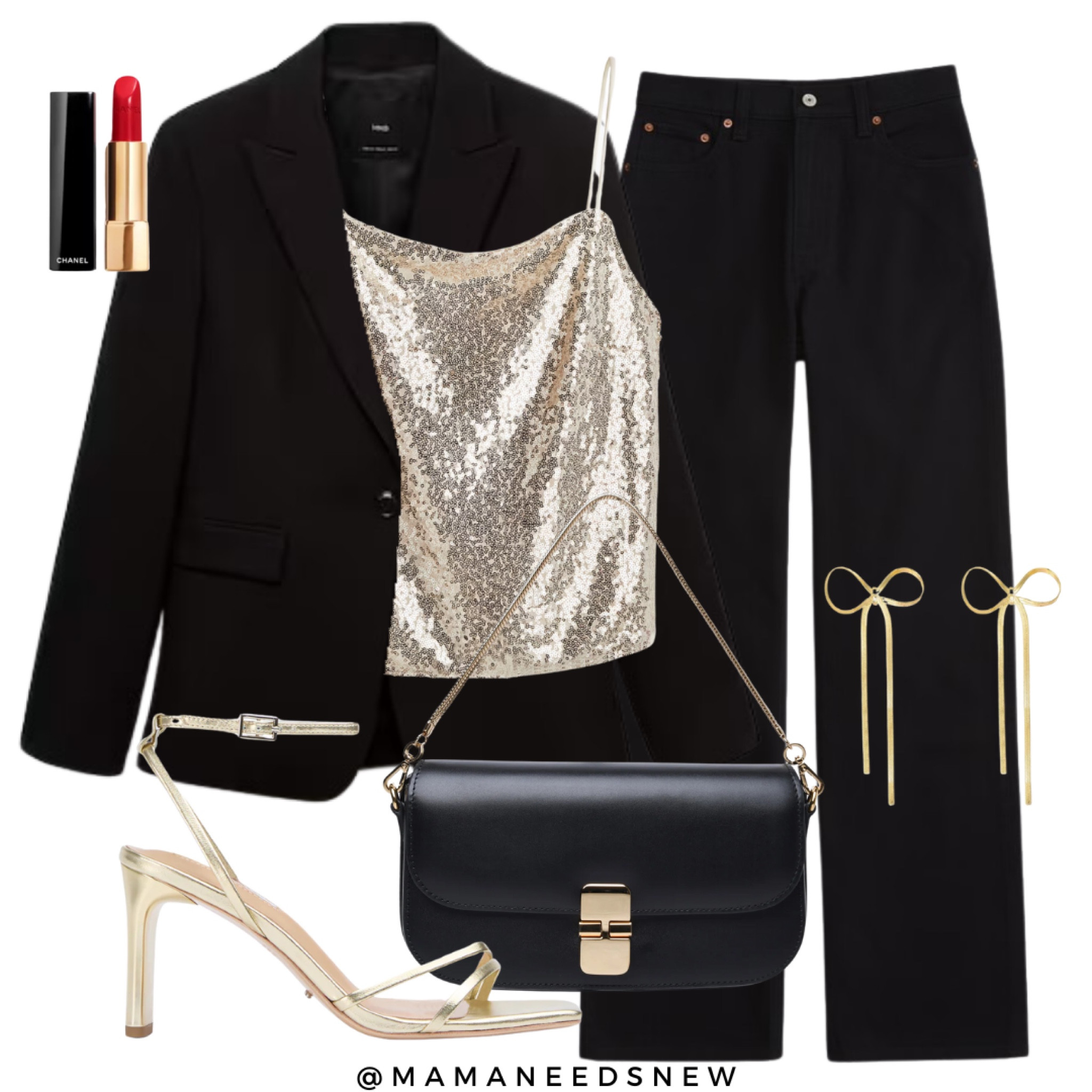 A holiday outfit with a blazer, sequin top, jeans, shoulder bag & strappy heels 🖤

#LTKHoliday #LTKParties #LTKSaleAlert