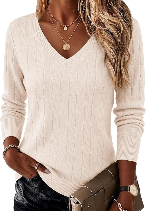 Ekouaer Womens Cable Knit V Neck Sweater Long Sleeve Fall Tops Clothes 2026 | Amazon (US)