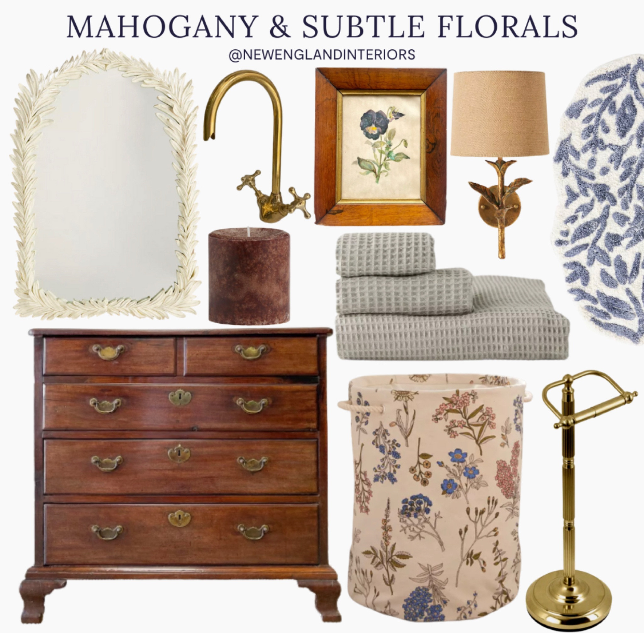 New England Interiors • Mahogany & Subtle Florals • Antique Art Work, Lighting, Laundry Basket, Mirror, Towels, Candle, Bath Mat, Fixtures. 🌸🖼️

TO SHOP: Click on the link in bio or copy and paste the link in web browser 

#newengland #mahogany #bathroominspo #florals #bathroominspo #home #antique

#LTKhome #LTKFind