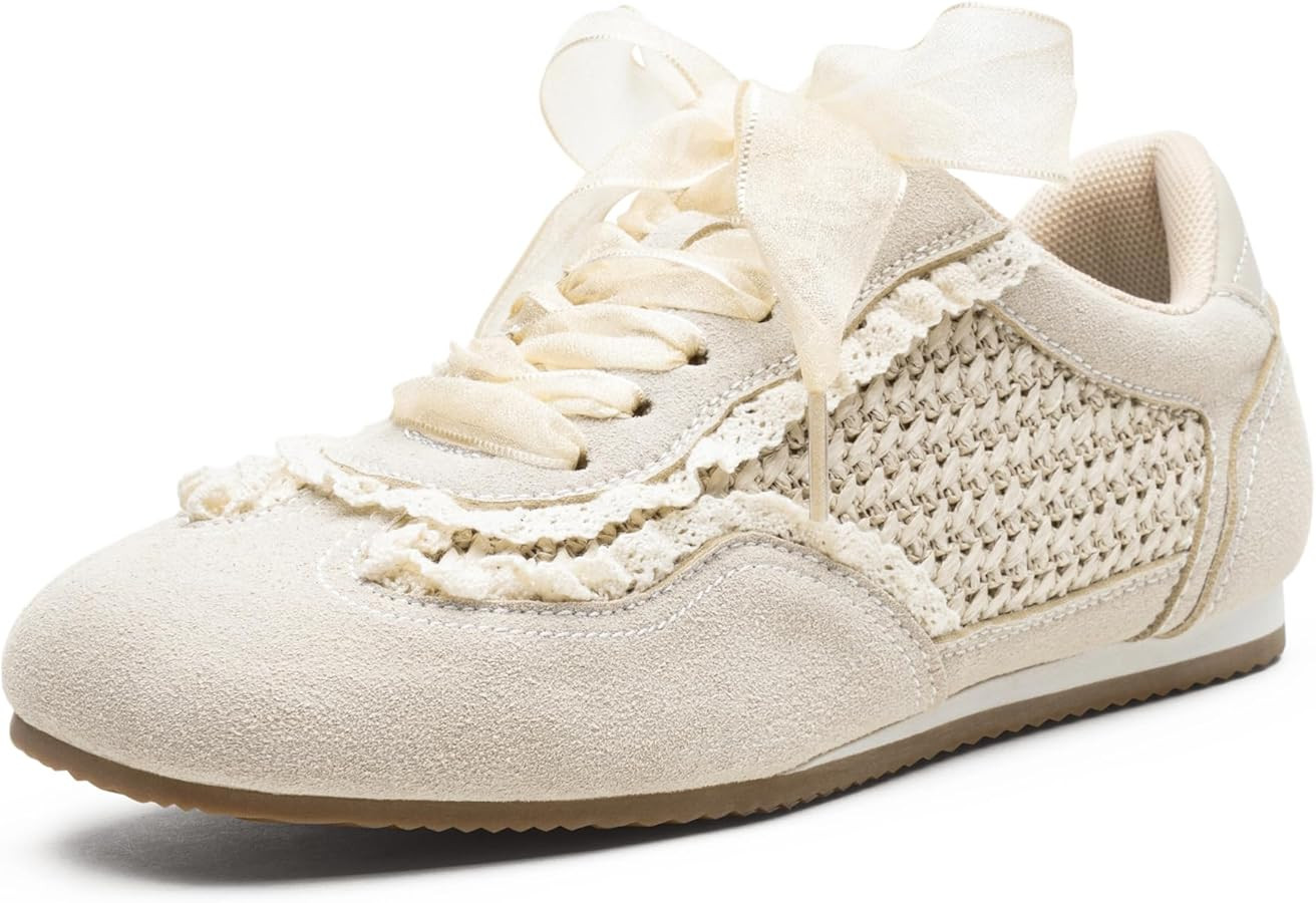 Amazon.com | Vepose Women's Beige Casual Dressy Retro Fashion Sneakers, Square Toe Suede Lace Ten... | Amazon (US)
