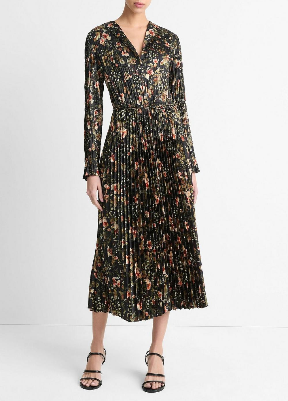 Women's Orchid Vine Pleated Satin Long-Sleeve Dress, Black Night, Size XXS Vince | Vince LLC