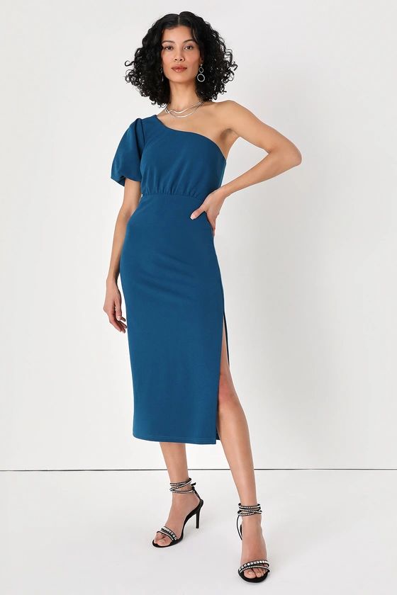 Ultimate Poise Teal Blue One-Shoulder Midi Dress | Lulus (US)