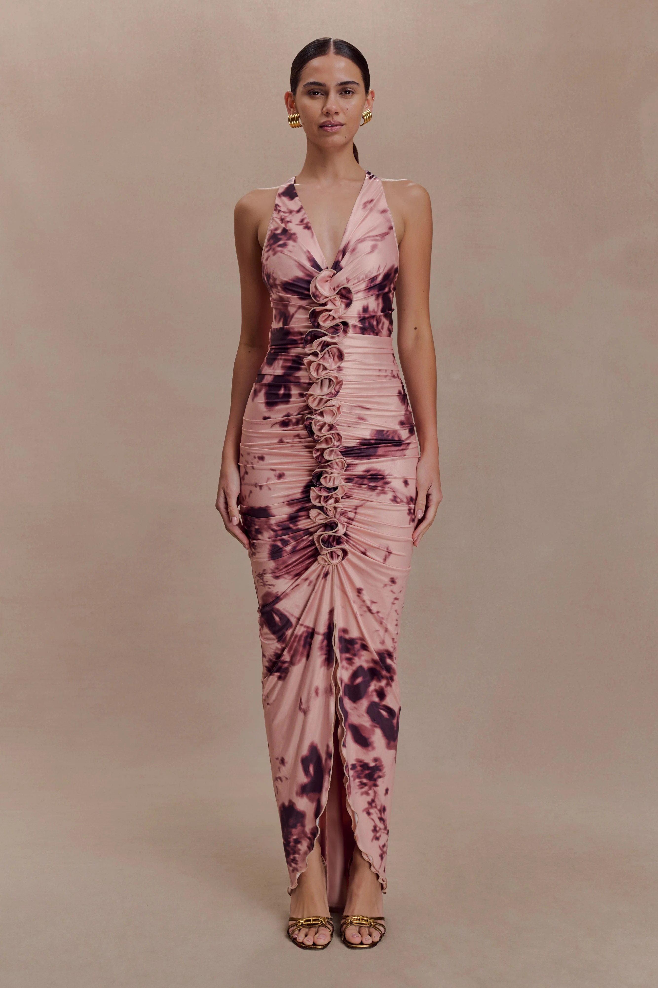 Slinky Ruffle Maxi Dress - Pink Blurred Floral Print | MESHKI US