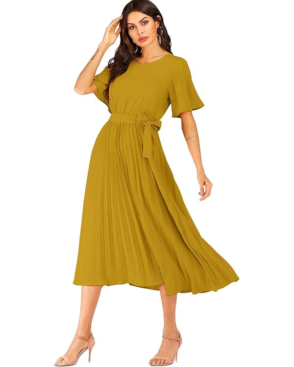 Milumia Women's Elegant Belted Pleated Flounce Sleeve Long Dress | Amazon (US)