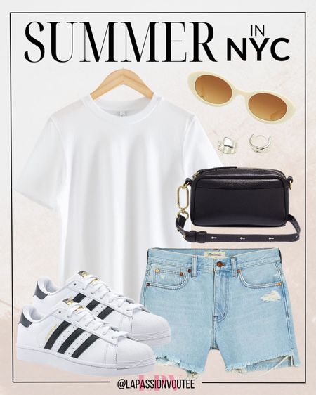 Effortless summer style in the Big Apple: Pair a crisp white tee with classic denim shorts for a chic urban look. Accessorize with hoop earrings, trendy sunglasses, a crossbody bag for practicality, and finish with comfy sneakers for exploring the city streets in style. #NYCsummer #StreetStyle

#LTKstyletip #LTKSeasonal