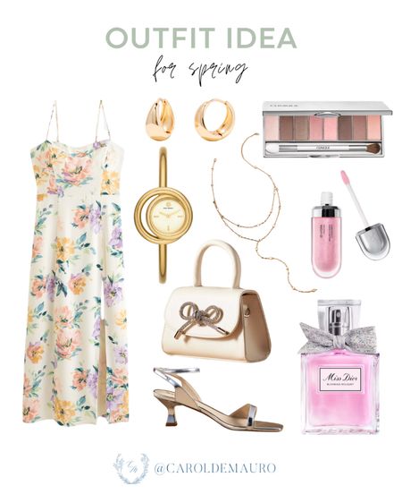 Try this stylish outfit idea for spring! A floral dress paired with metallic heels, a cute handbag, gold accessories, and more! 
#vacationlook #transitionalstyle #capsulewardrobe #traveloutfit

#LTKitbag #LTKbeauty #LTKstyletip
