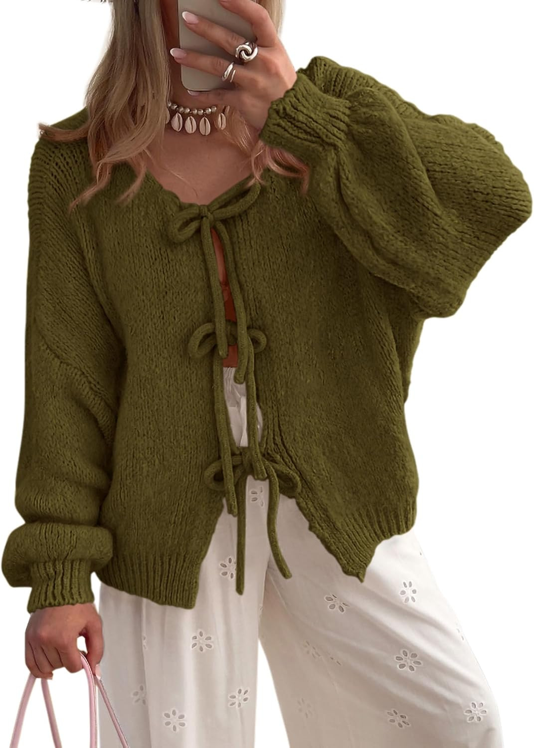 PRETTYGARDEN Women's Tie Front Bow Cardigan Sweaters | Amazon (US)