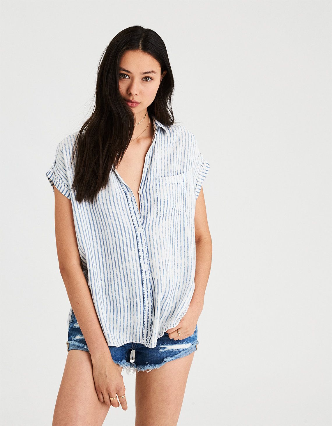 AE Short Sleeve Button Up Shirt, Light Blue | American Eagle Outfitters (US & CA)