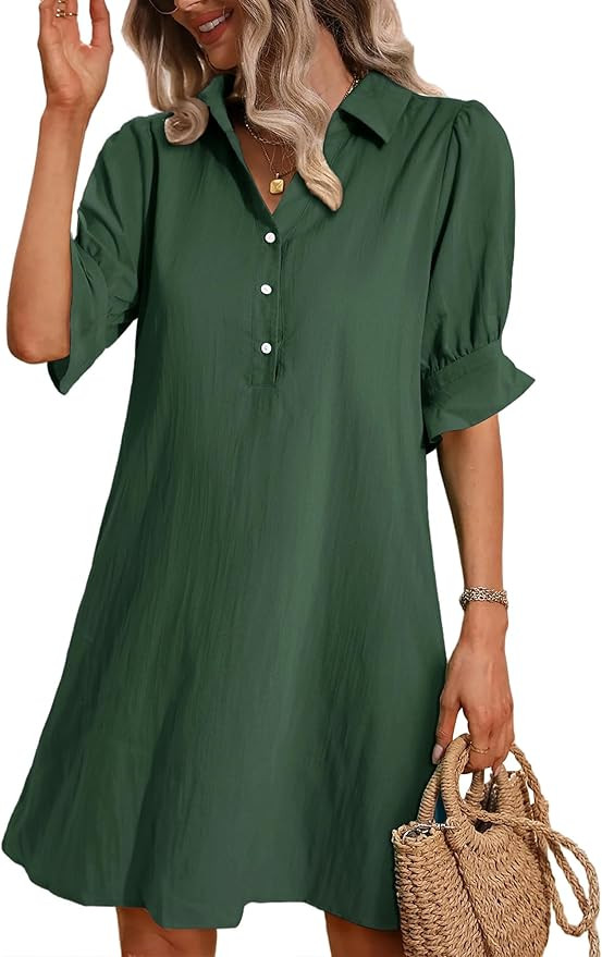 FENSACE Womens Casual Shirt Dress Ruffle Sleeve Button Down Shift Summer Dresses with Pockets | Amazon (US)