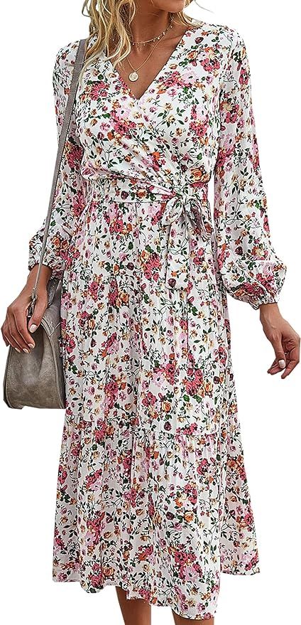 Theenkoln Women's Wrap V Neck Puff Long Sleeve Pleated Elegant Midi Dress with Belt and Snap | Amazon (US)