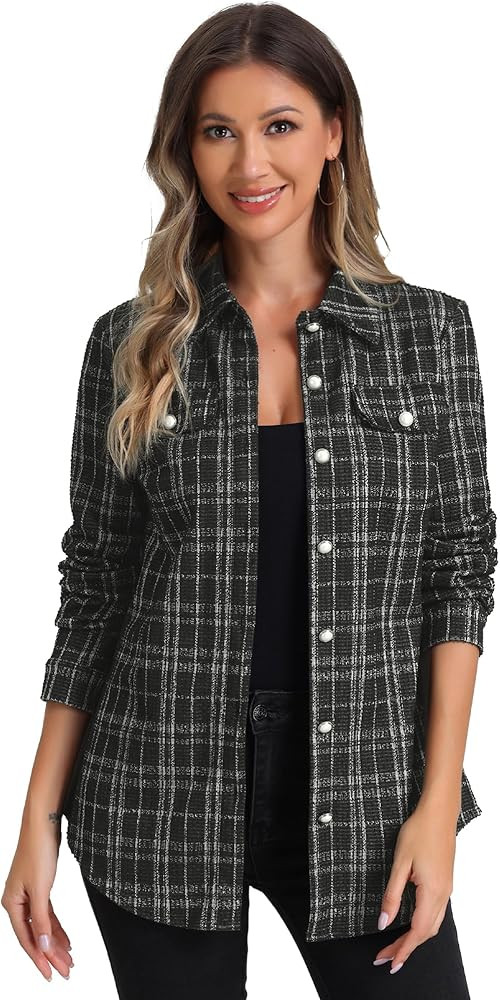 Allegra K Plaid Tweed Jackets for Women's Collared Button Down Lightweight Shackets | Amazon (US)