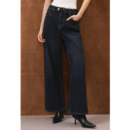 Fold-Over Waistband Straight-Leg Jeans in Navy for Daily Outings & Weekend Trips | Chicwish