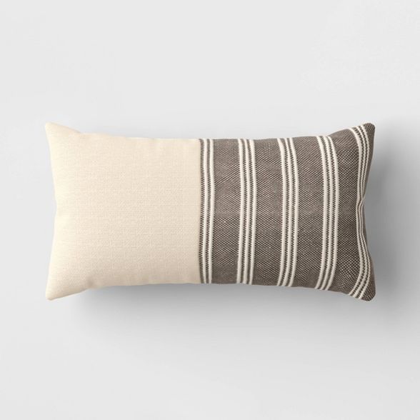 Outdoor Lumbar Throw Pillow Pieced Stripe Woven Black/Cream - Threshold&#8482; designed with Stud... | Target