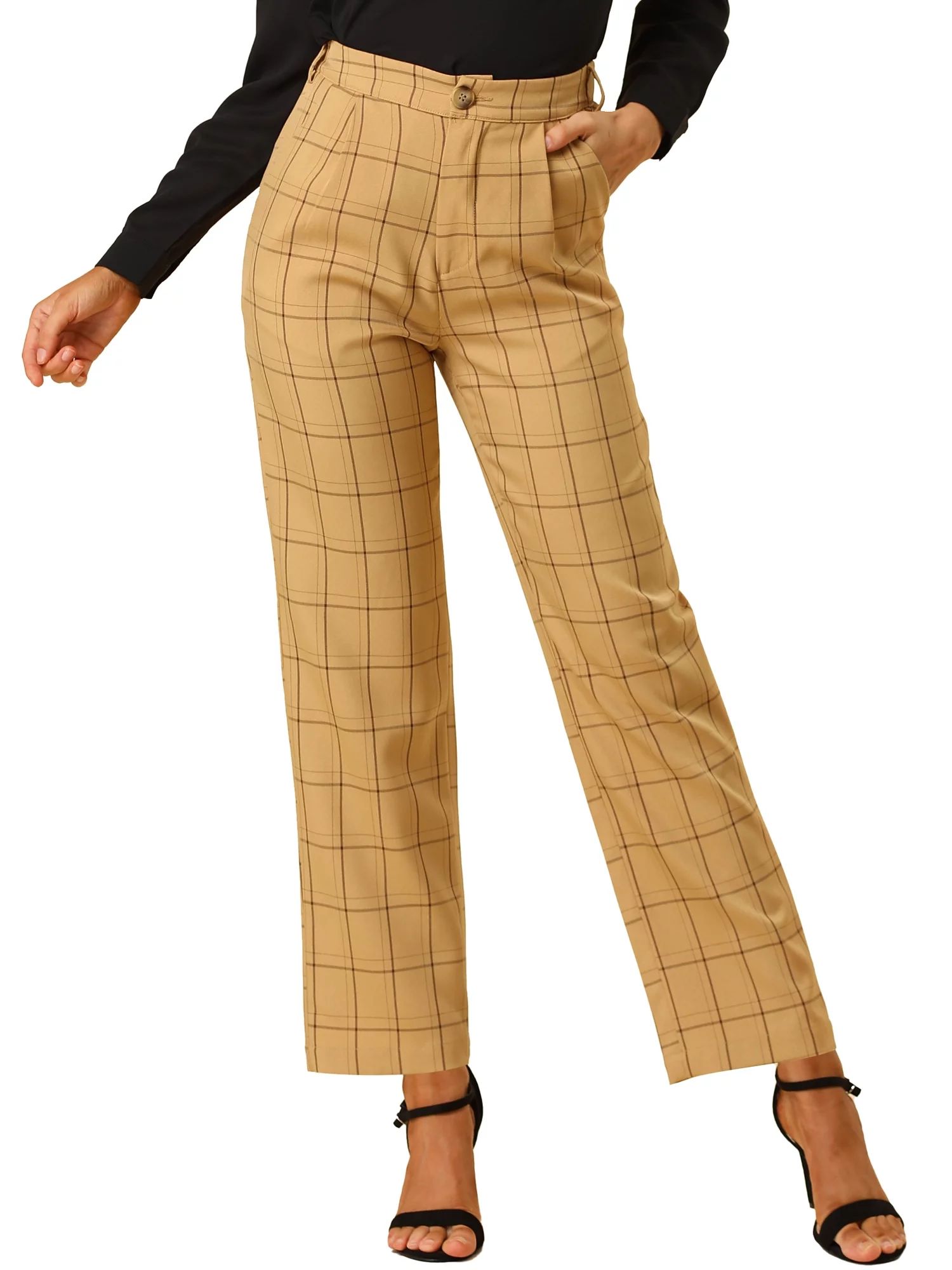 Women's Plaid Trousers Pockets Straight Leg Casual Pant | Walmart (US)