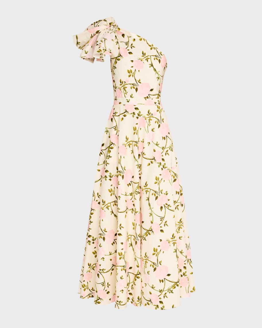 Floral-Print Bow One-Shoulder Midi Dress | Neiman Marcus