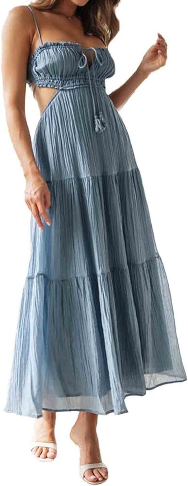 Women's Backless Swing Maxi Dress Spaghetti Strap Sleeveless Cut Out Long Dress Summer Party Cock... | Amazon (US)