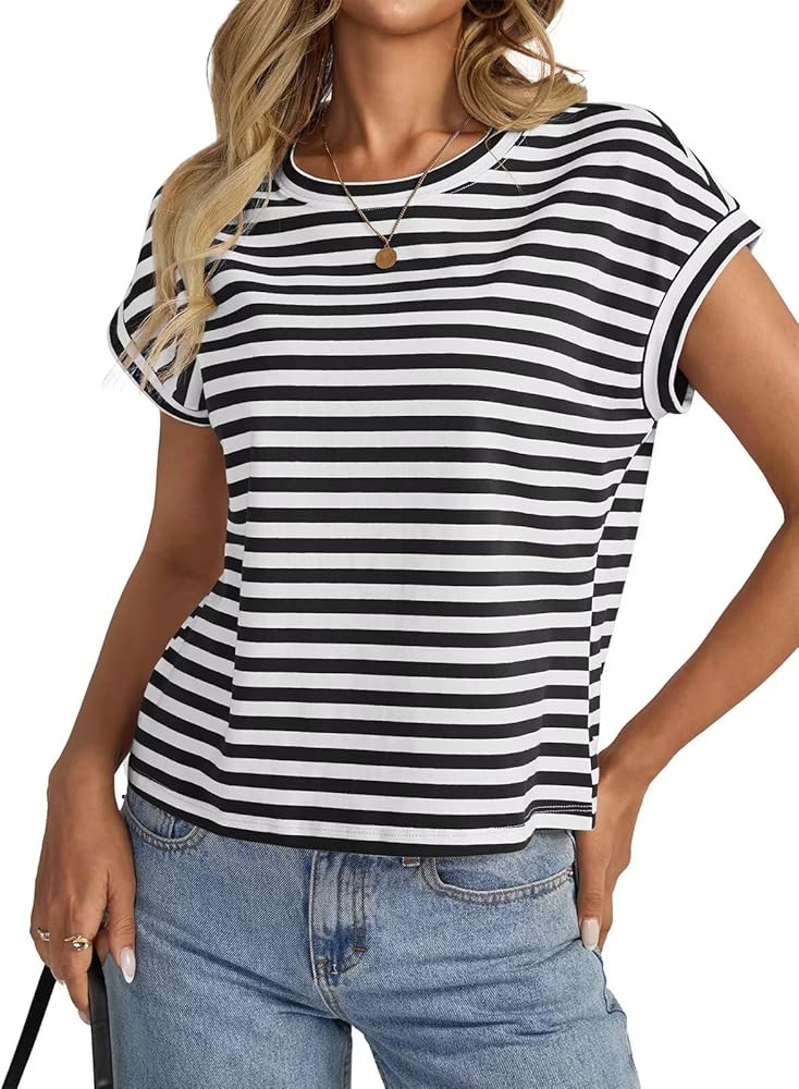 Womens Cap Sleeve Crop Tops Cotton T Shirts Crewneck Loose Fit Short Sleeves Tee Summer Fashion C... | Amazon (US)