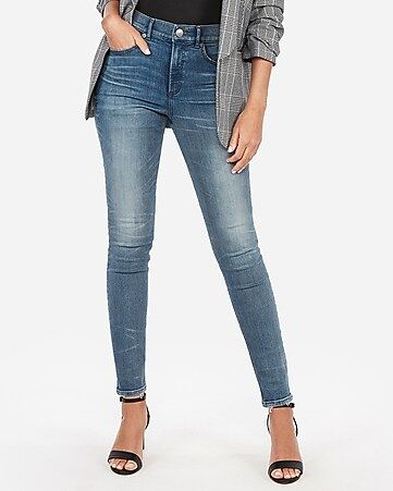 high waisted denim perfect curves medium wash leggings | Express