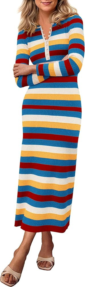 PRETTYGARDEN Women's Striped Spring Midi Sweater Dress Fall Long Sleeve Button Up V Neck Knit Bod... | Amazon (US)