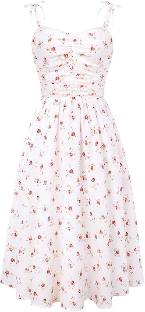 Belle Poque Women Spaghetti Straps Dress Front Ruched Back Smocked A Line Midi Floral Sundress Ca... | Amazon (UK)