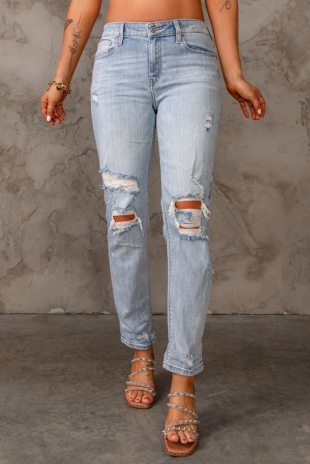 Light Wash Ripped Straight Leg High Waist Ankle Jeans | Evaless