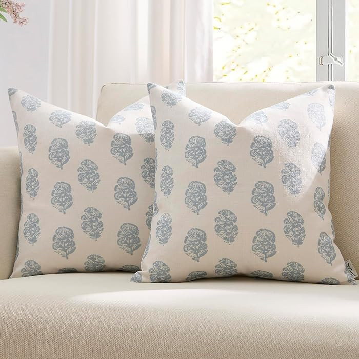 Meekio Set of 2 Light Blue Floral Block Print Pillow Covers 22 x 22 inches Linen Throw Pillow Cov... | Amazon (US)